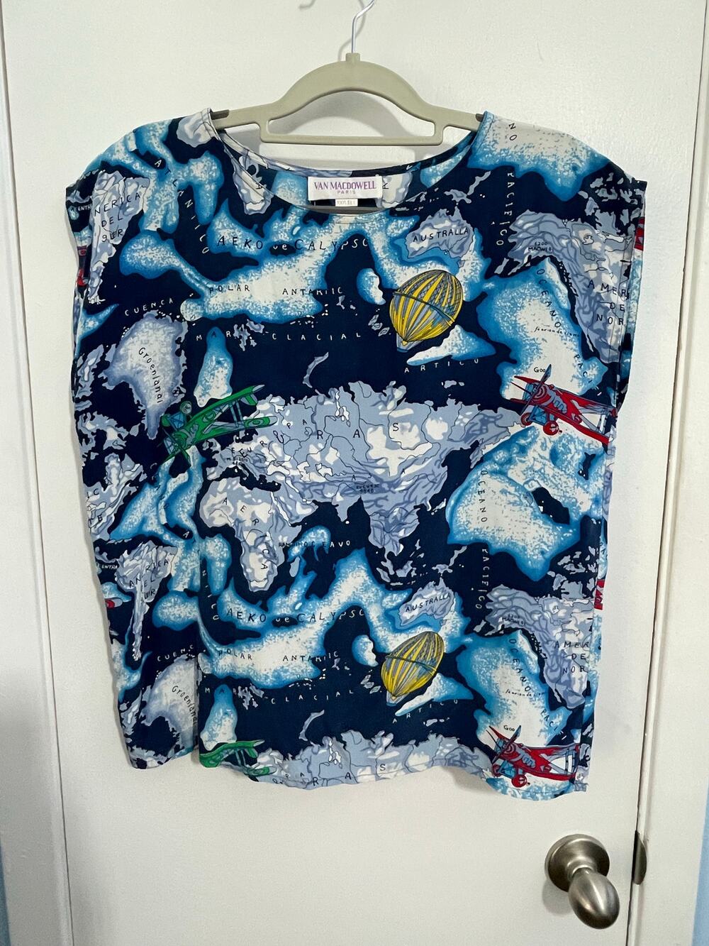 Vintage Van MacDowell Silk Blouse Medium Blue Hot Air Balloons Map Clouds 80s
